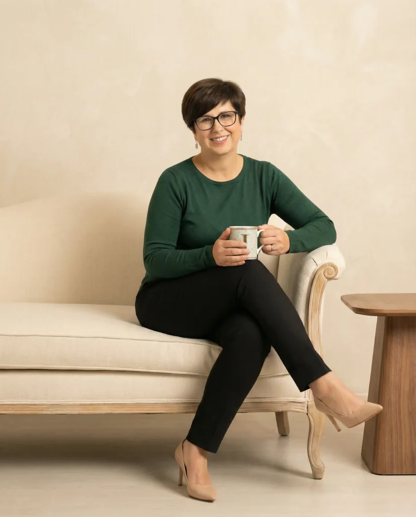 Inma Gil, mentora empresarial, sentada en un sillón con una taza